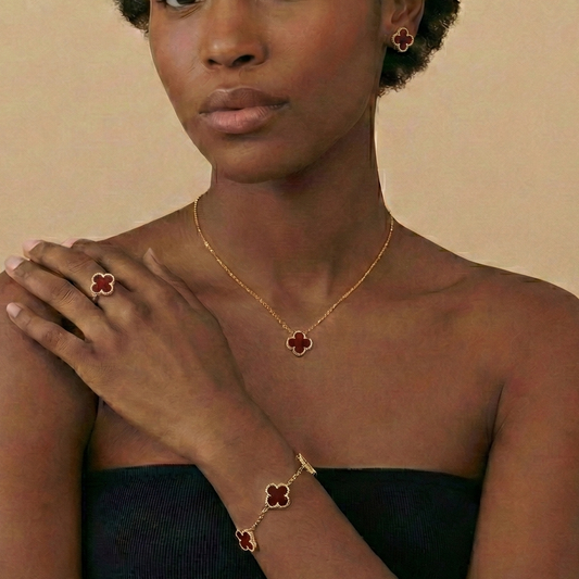 15mm Red Agate Floral Icon Set - 18K Gold Plated